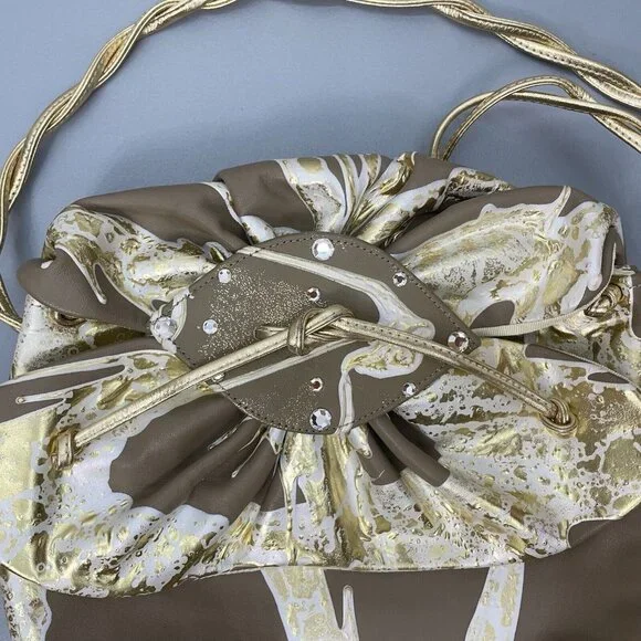 Vintage 80s Terry Toni Shoulder Bag Purse Hand Painted White Gold Leather Brown - Picture 11 of 16